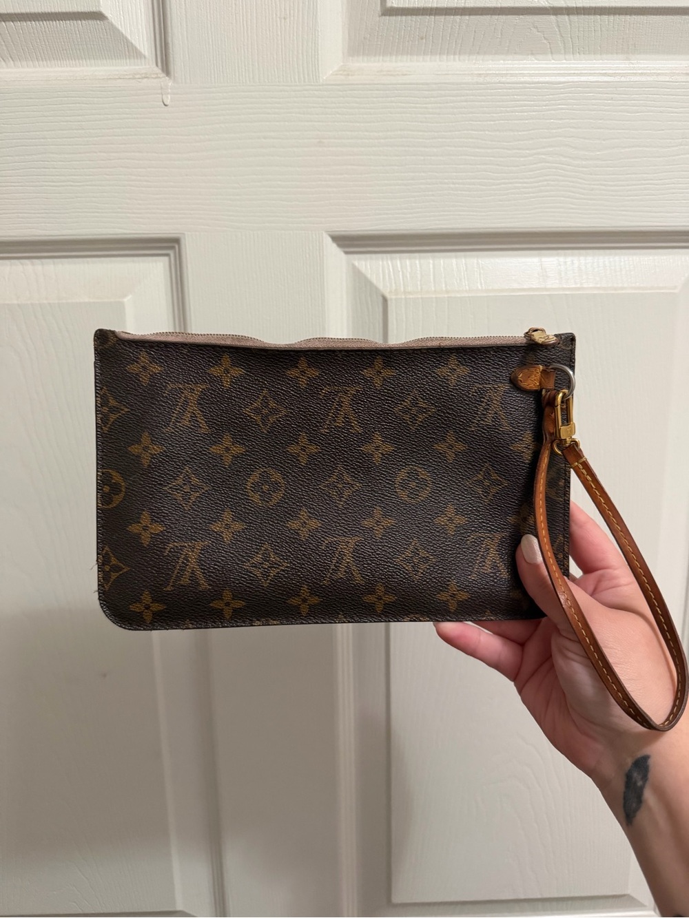 Louis Vuitton Monogram Canvas Wristlet - Dark Brown with Tan Strap